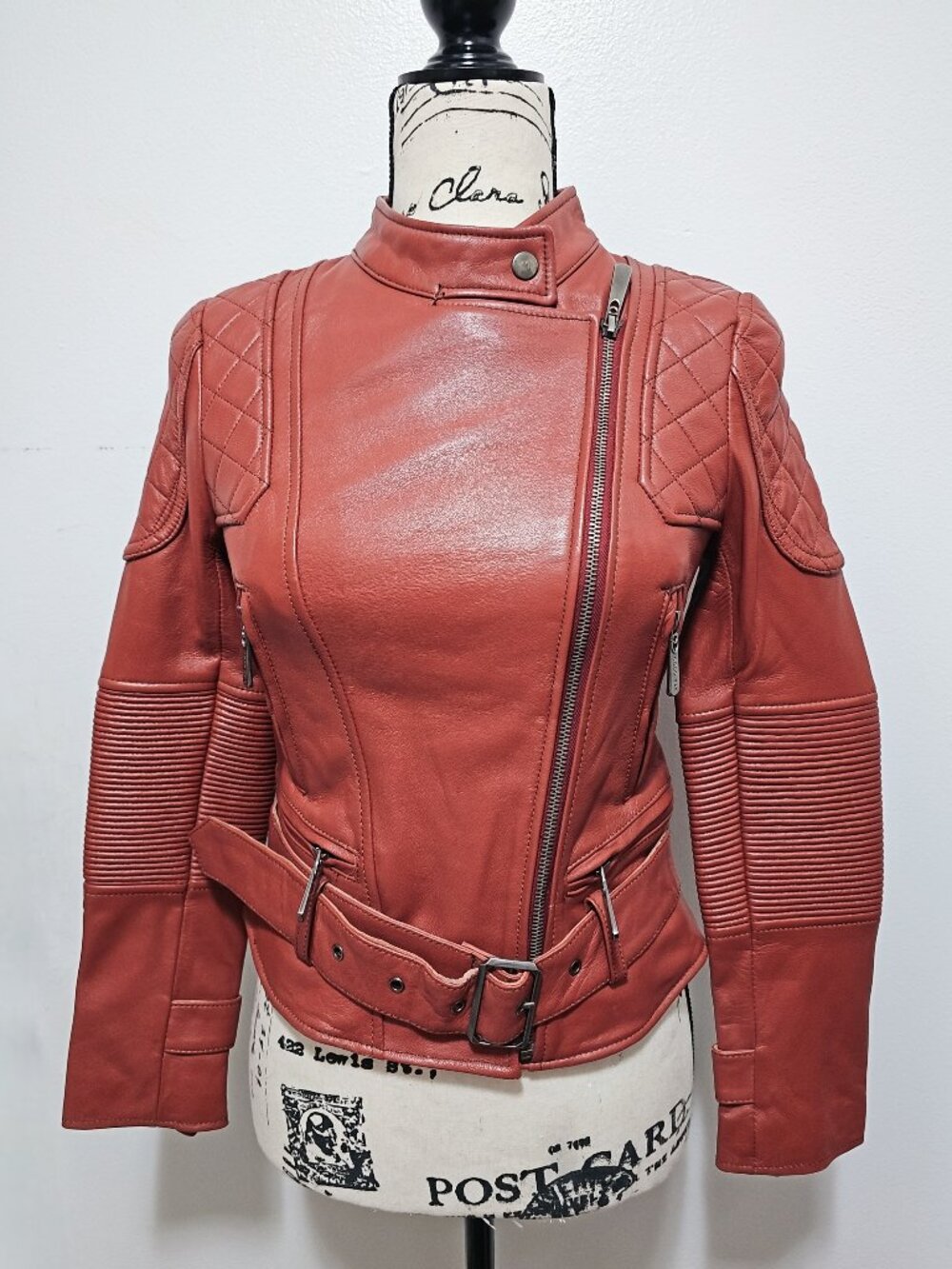 New Real Lamb Leather Motorcycle Biker Ride Jacket Military Distressed Brick Red